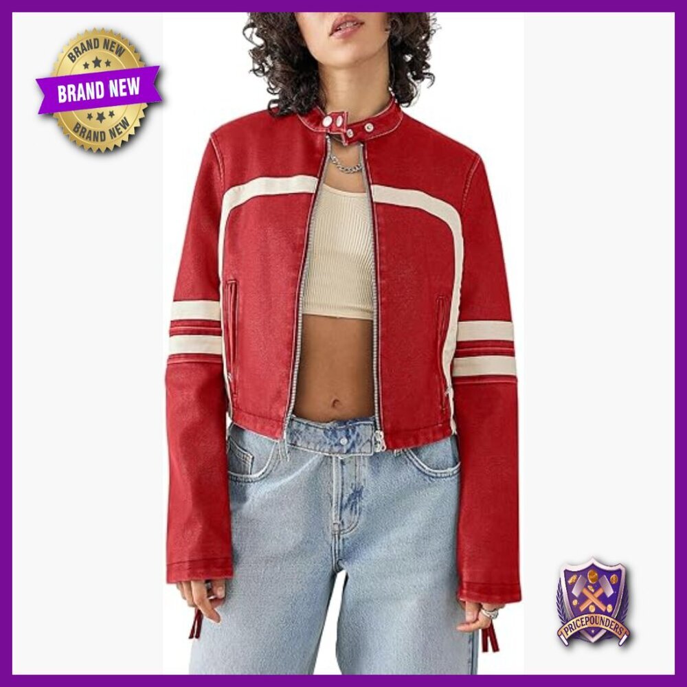 Faux Leather Cropped Moto Jacket with Stand Collar and Zipper Closure